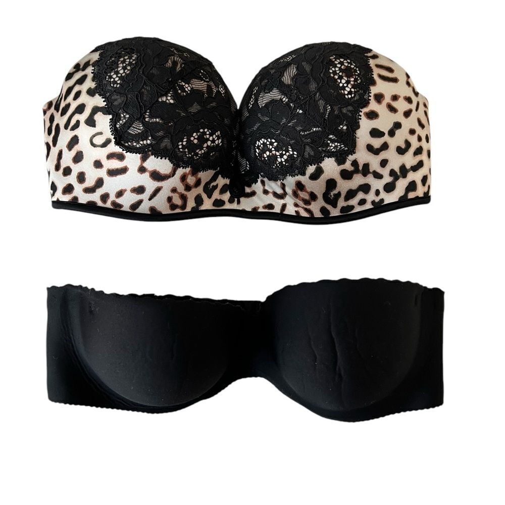 Victorias Secret, Push Up Strapless Bombshell Animal Lace + Black Bra Bundle